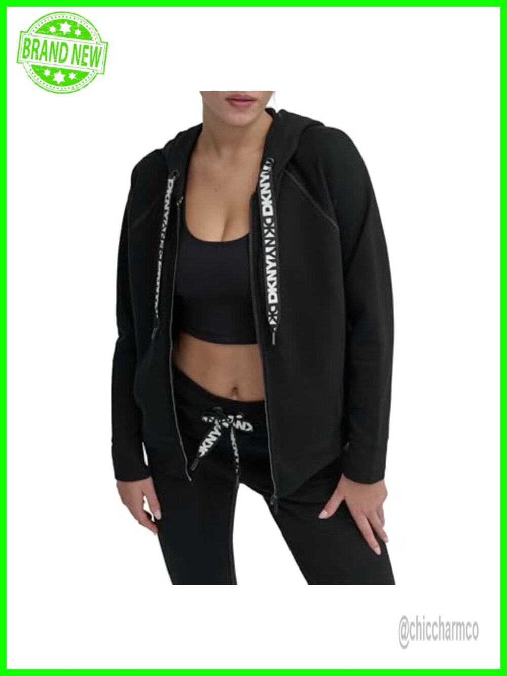 Two Tone Logo Full Zip Hoodie Fleece Sweatshirt Drawstring